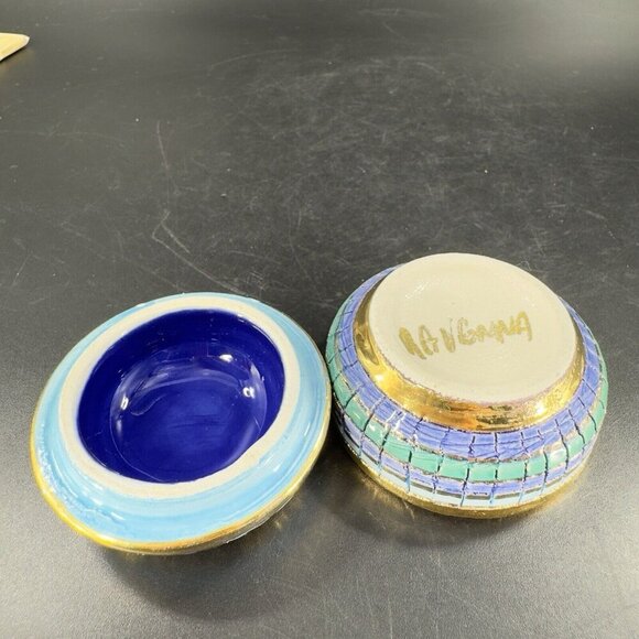 Signed Italian Round Hand Painted Trinket Dish W Lid Jewelry Holder Storage VTG - Picture 7 of 12